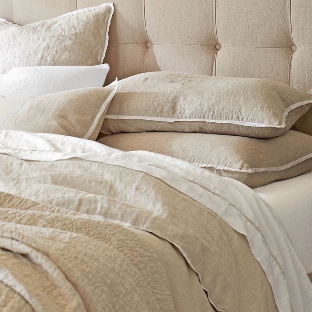 NWT Pottery Barn Flax Linen Contrast Trim Standard Pillow Shams Cover